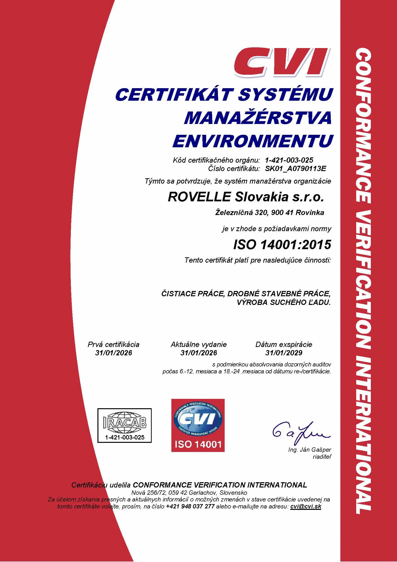 Certifikát ISO 14001 spoločnosti ROVELLE Slovakia s.r.o.