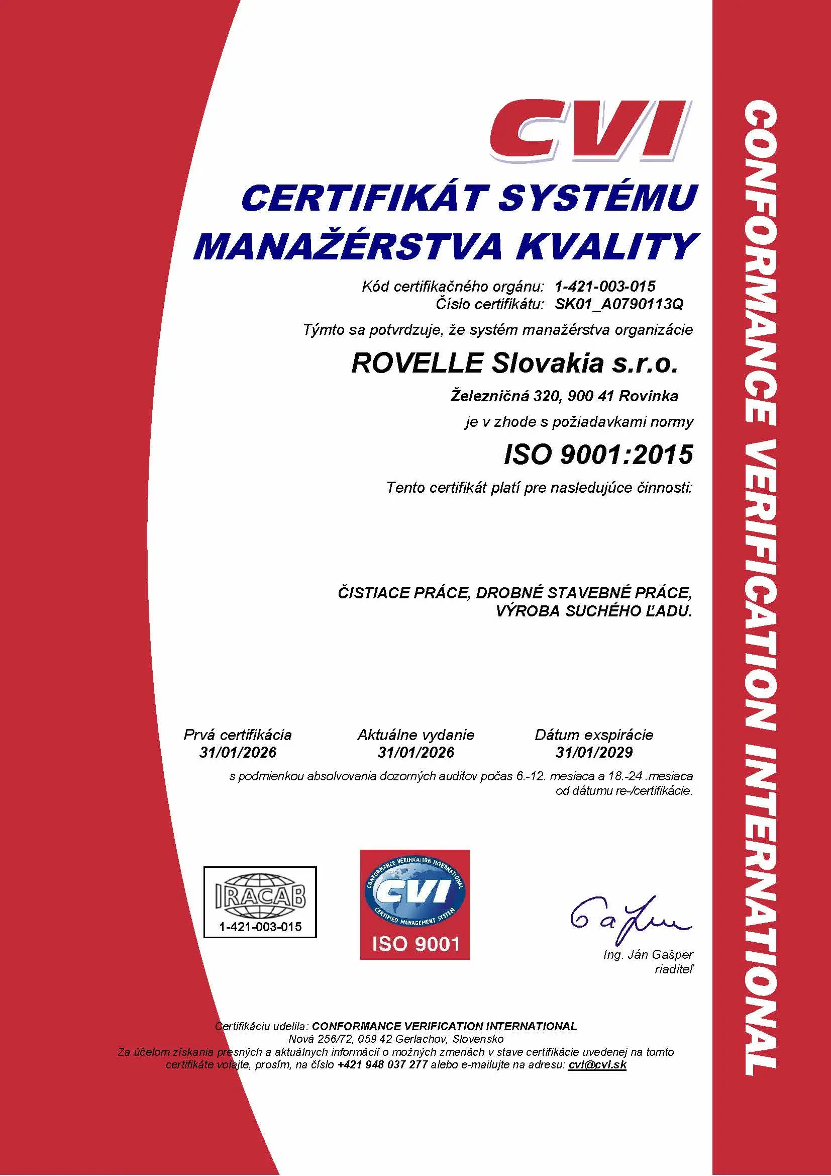 Certifikát ISO 9001 spoločnosti ROVELLE Slovakia s.r.o.
